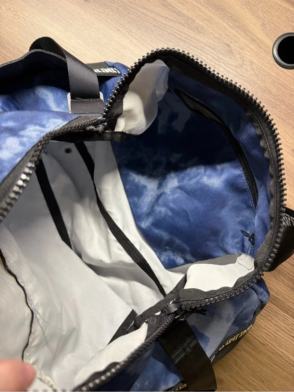 PINK Victoria's Secret Blue Tie-Dye Duffel with Black Logo Straps